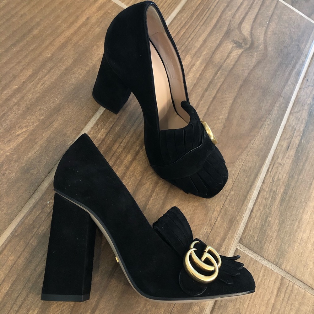 GUCCI Marmont GG Black Suede Fringe Loafer Heel 34 - Picture 4 of 8